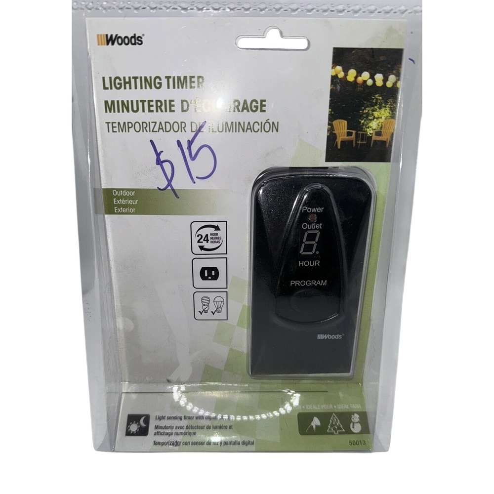 Woods 50013 Outdoor Lighting Timer Light Sensing Digital Display 6in Cord Black